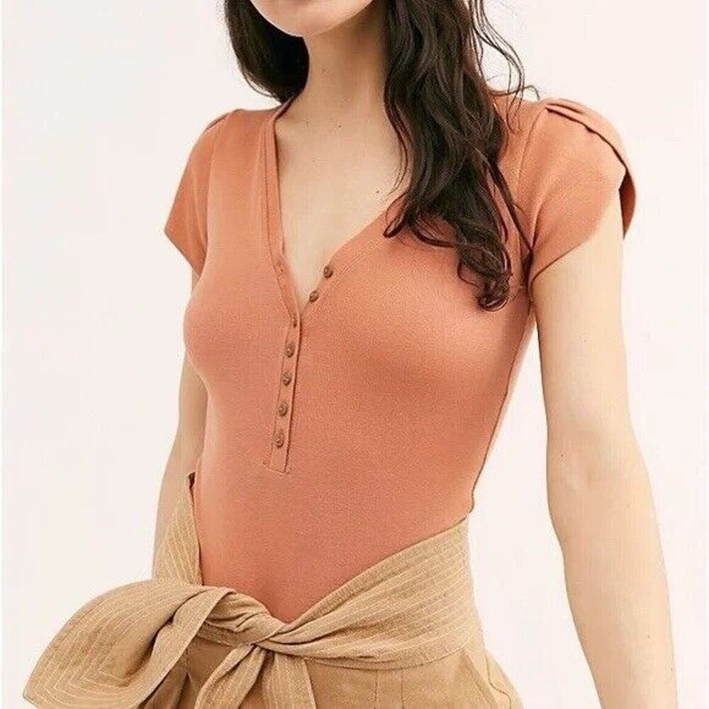 Intimately Free People Mia Tulip Sleeve Apricot Thong Bodysuit - Size Large